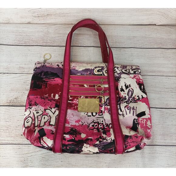 COACH Poppy Graffiti Glam Satin Double Handle Zipper Tote Bag A1026-14987 - Picture 1 of 9